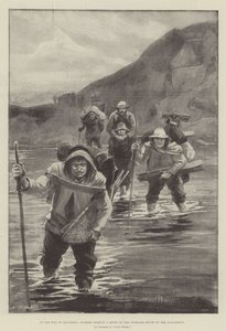 En route pour le Klondike, porteurs traversant une rivière sur la route terrestre vers les champs d
